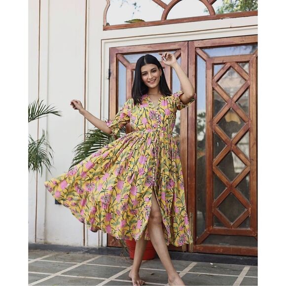 Fox & the Mermaid Venice floral block printed cotton midi dress Sz M/L NWT - Picture 10 of 11